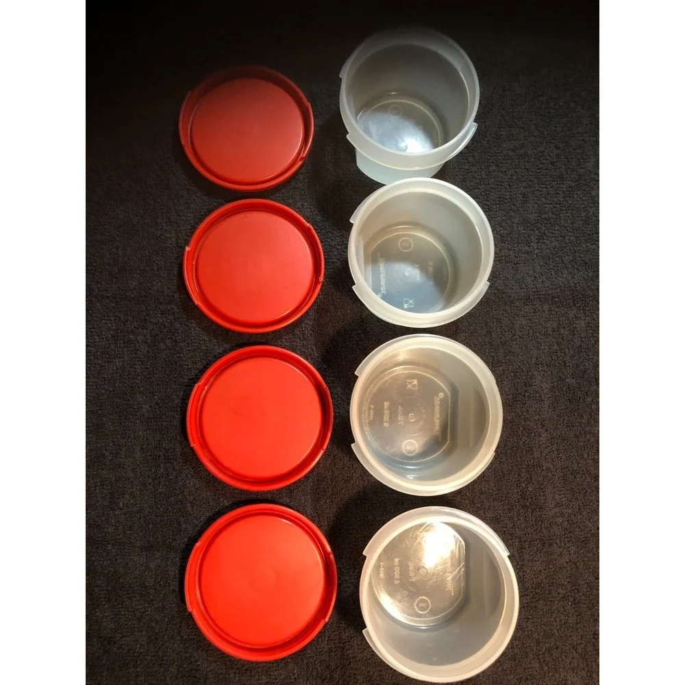 Tupperware Containers Modular Mates Round  Set of 4 - 7 oz #1605 Red Lid #1607